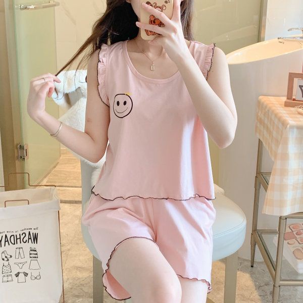 ชุดนอน-เสื้อสายเดี่ยว-แขนกุด-ผ้าฝ้ายแท้-แบบบาง-สองชิ้น-แฟชั่นฤดูร้อน-สําหรับผู้หญิง