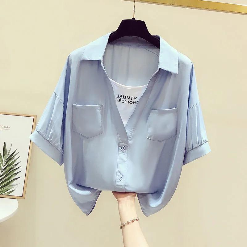 เสื้อเชิ้ตแขนสั้น-ทรงหลวม-สีพื้น-เข้ากับทุกการแต่งกาย-แฟชั่นฤดูร้อน-สไตล์เกาหลี-สําหรับผู้หญิง-2023