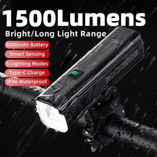 Rockbros ไฟ LED 1500 ลูเมน IPX6 อะลูมิเนียม กันน้ํา 5500mAH ชาร์จไฟได้ สําหรับติดด้านหน้ารถจักรยาน