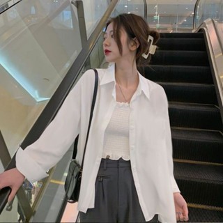 เสื้อเชิ้ตแขนยาว กันแดด ทรงหลวม สีขาว แฟชั่นฤดูร้อน สไตล์เรโทร สําหรับผู้หญิง และนักเรียน