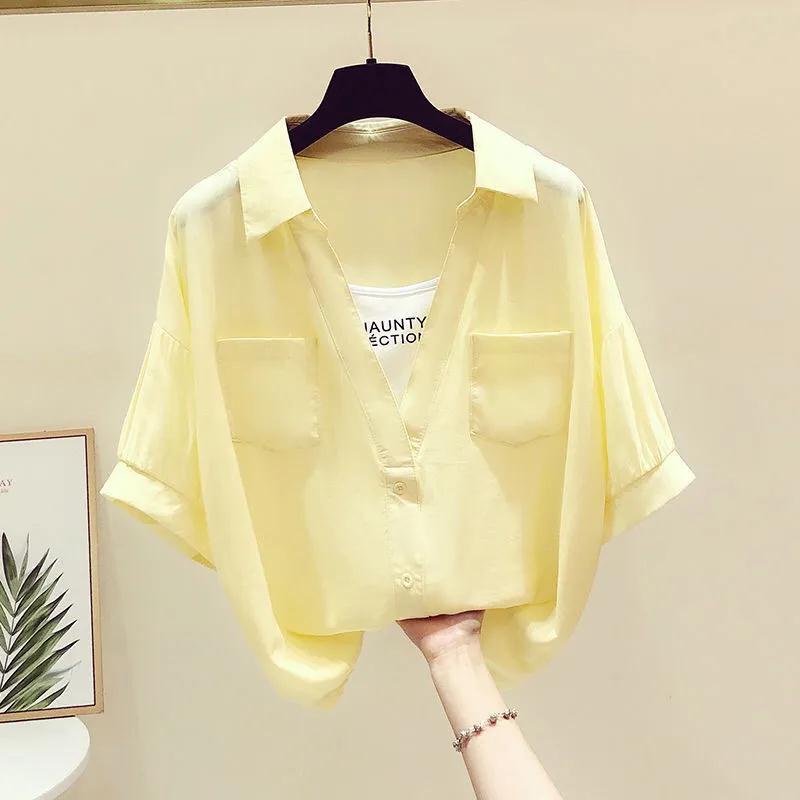 เสื้อเชิ้ตแขนสั้น-ทรงหลวม-สีพื้น-เข้ากับทุกการแต่งกาย-แฟชั่นฤดูร้อน-สไตล์เกาหลี-สําหรับผู้หญิง-2023