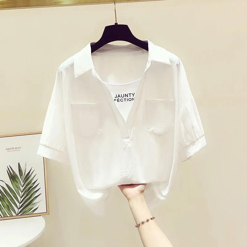 เสื้อเชิ้ตแขนสั้น-ทรงหลวม-สีพื้น-เข้ากับทุกการแต่งกาย-แฟชั่นฤดูร้อน-สไตล์เกาหลี-สําหรับผู้หญิง-2023