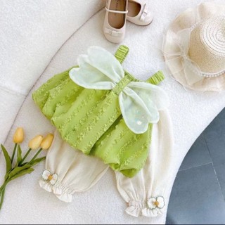ชุดเอี๊ยม สีเขียว สไตล์เกาหลี แฟชั่นฤดูร้อน สําหรับเด็กผู้หญิง สองชิ้น