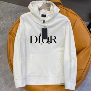 เสื้อกันหนาวแขนยาว มีฮู้ด ผ้าฝ้ายแท้ ทรงหลวม พิมพ์ลายตัวอักษร DIOR DR pin สําหรับผู้ชาย และผู้หญิง