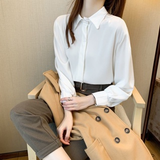 เสื้อเชิ้ตแขนยาว ผ้าชีฟอง แบบเข้ารูป สีขาว สไตล์เกาหลี เหมาะกับใส่ทํางาน แบบมืออาชีพ สําหรับผู้หญิง