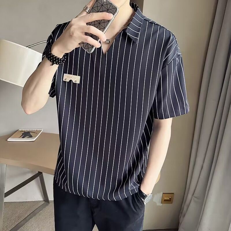 เสื้อยืดแขนสั้นลําลอง-คอวี-ผ้าเรยอน-ลายทาง-ระดับไฮเอนด์-แฟชั่นฤดูร้อน-สําหรับผู้ชาย-2023