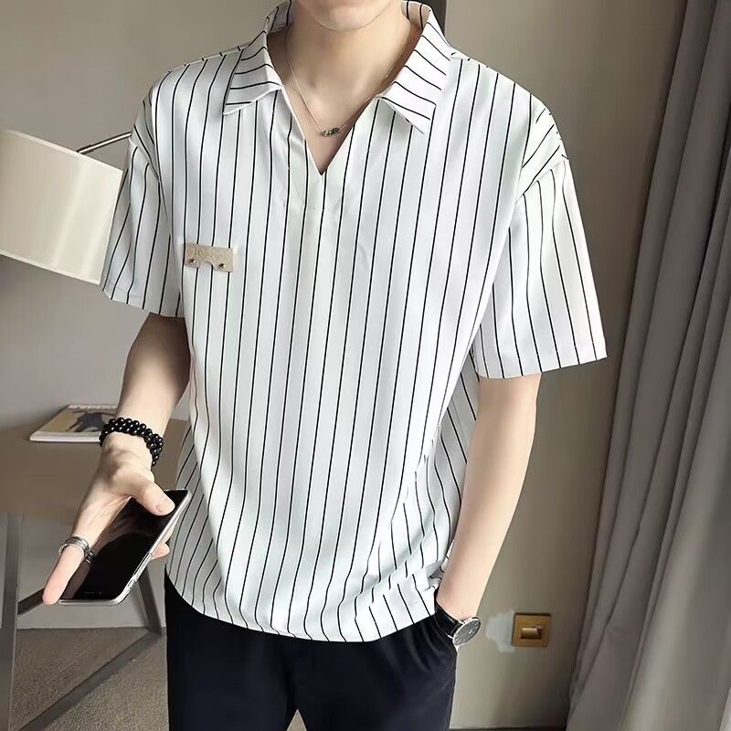 เสื้อยืดแขนสั้นลําลอง-คอวี-ผ้าเรยอน-ลายทาง-ระดับไฮเอนด์-แฟชั่นฤดูร้อน-สําหรับผู้ชาย-2023