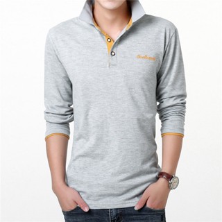 เสื้อโปโลแขนยาวลําลอง ผ้าฝ้าย ป้องกันแดด สีพื้น แฟชั่นฤดูใบไม้ร่วง สําหรับผู้ชาย