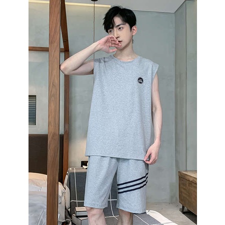 ชุดนอนชาย-ชุดนอนผู้ชายไซส์ใหญ่-ชุดนอนผู้ชายแบบใหม่ฤดูร้อนเสื้อกล้ามผ้าฝ้ายแท้แขนกุดขนาดบวกชุดใส่ในบ้านสำหรับวัยรุ่นปี2023