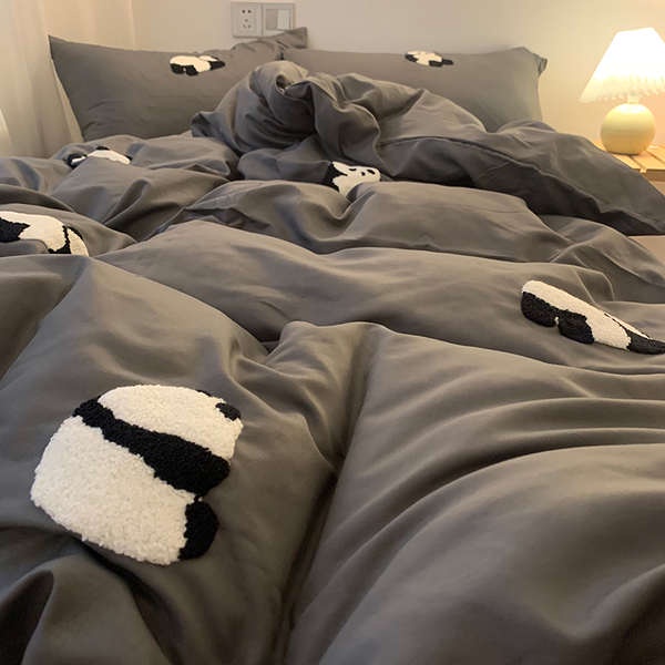 ปูที่นอน-ชุดผ้าปูที่นอน-ผ้าปูที่นอน-ins-หมีแพนด้าสีเทาเย็บปักถักร้อยล้างชุดผ้าห่มสี่ชิ้นชุดผ้าปูเตียงหมวกหอพักสามชิ้นชุดผ้าฝ้ายที่ไม่ใช่ผ้าฝ้าย-4