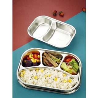 กล่องข้าวเก็บอุณหภูมิ กล่องข้าวสแตนเลส จานอาหารสแตนเลส 304, จานอาหารเด็กอนุบาล, กล่องอาหารกลางวันนักเรียน, โรงอาหารแบ่งช่องพร้อมฝาจานอาหารสําหรับผู้ใหญ่