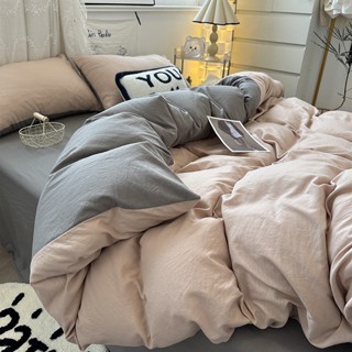 ชุดผ้าปูที่นอน ปูที่นอน ผ้าปูที่นอน INS Simple Washed Cotton 4-Piece Set Summer Solid Color Quilt Cover Bed Linen Man Dormitory 3-Piece Set Bedline 4 ชุดผ้านวม 4