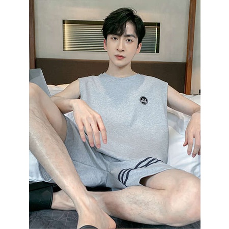 ชุดนอนชาย-ชุดนอนผู้ชายไซส์ใหญ่-ชุดนอนผู้ชายแบบใหม่ฤดูร้อนเสื้อกล้ามผ้าฝ้ายแท้แขนกุดขนาดบวกชุดใส่ในบ้านสำหรับวัยรุ่นปี2023