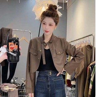 เบลเซอร์สาวอวบ เสื้อเบลเซอร์ 2023ฤดูใบไม้ร่วงและฤดูหนาวสไตล์ใหม่ที่เข้ากันได้ทั้งหมดแฟชั่นการออกแบบสบายๆยืนขึ้นปกเสื้อหนังสั้นแจ็คเก็ตหนังมอเตอร์ไซค์