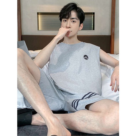 ชุดนอนชาย-ชุดนอนผู้ชายไซส์ใหญ่-ชุดนอนผู้ชายแบบใหม่ฤดูร้อนเสื้อกล้ามผ้าฝ้ายแท้แขนกุดขนาดบวกชุดใส่ในบ้านสำหรับวัยรุ่นปี2023