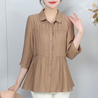 เสื้อเชิ้ตลําลอง ผ้าฝ้าย และผ้าลินิน สีพื้น แฟชั่นฤดูใบไม้ผลิ และฤดูร้อน สําหรับสตรี