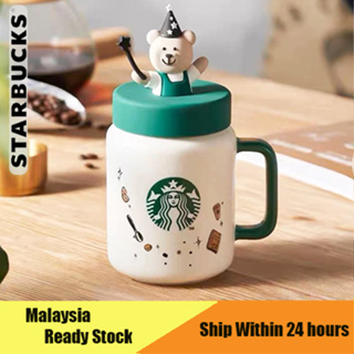 Starbucks แก้วมักเซรามิก ลายหมีสีเขียว พร้อมฝาปิด 435 มล. limited