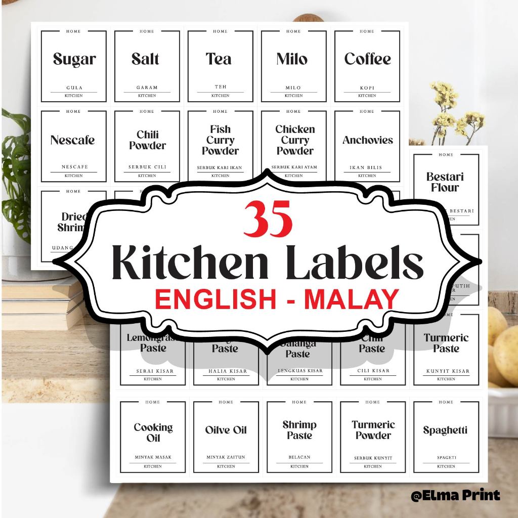 35 Kitchen Labels 0.2 Pantry Labels Sticker Dapur ENGLISH - MALAY ...