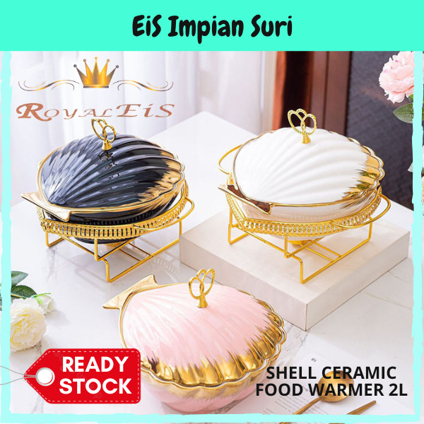 Royal Eis White Shell เซรามิคอุ่นอาหาร 2L wiith Golden Rack Chafing จาน ...