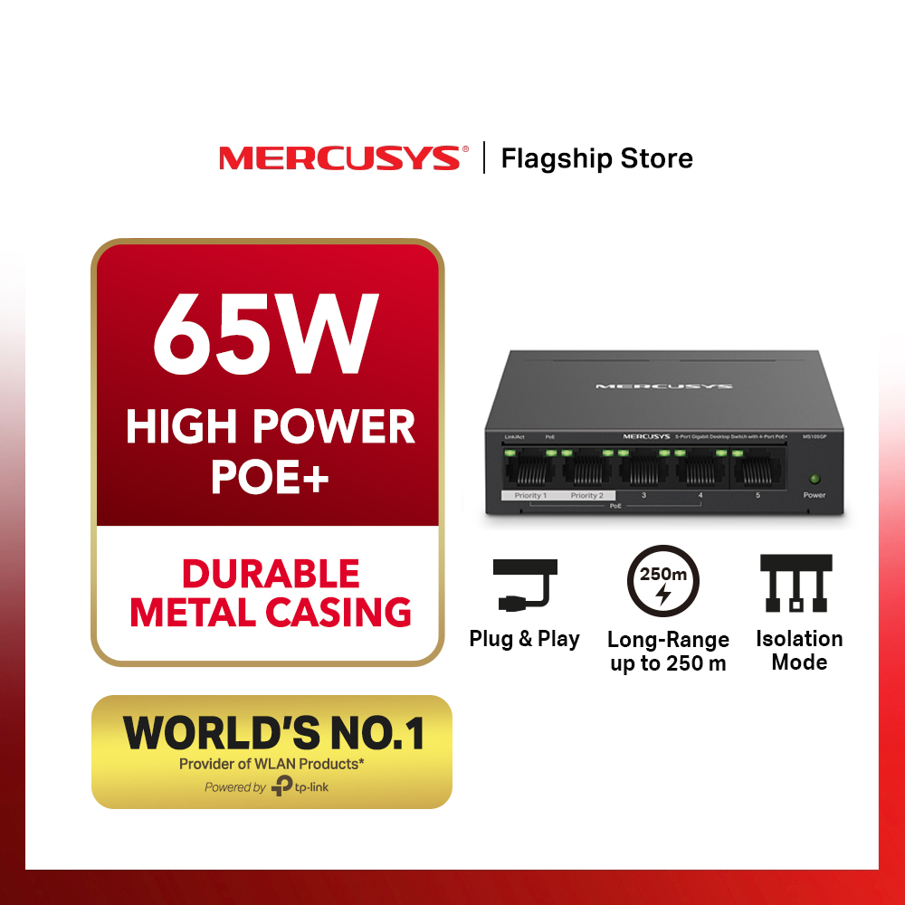 Mercusys MS105GP 5-Port Gigabit Desktop Switch 4 PoE+ 65W Budget ...
