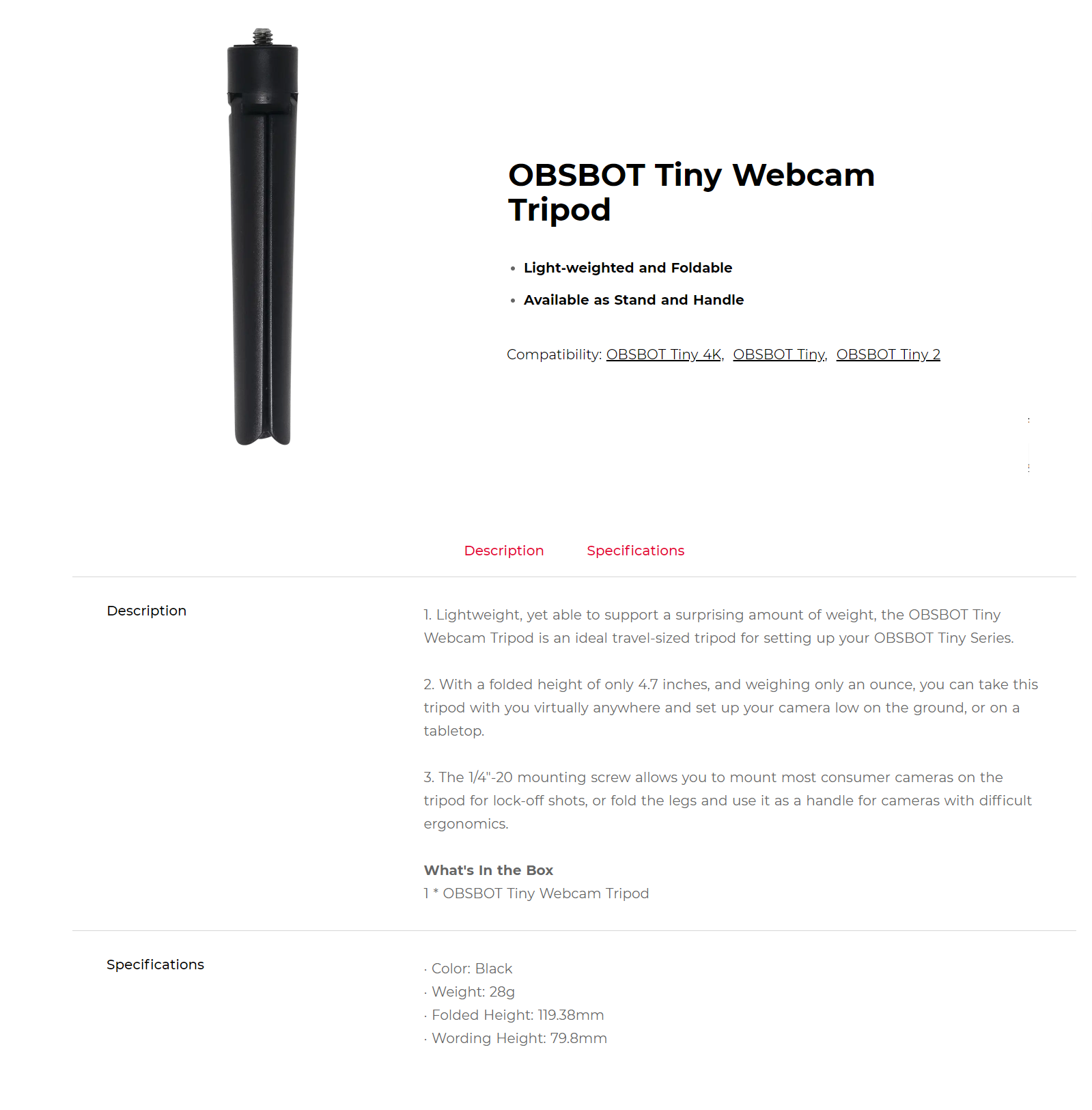 OBSBOT TINY WEBCAM TRIPOD TABLET PORTABLE TRIPOD สําหรับชุดเล็กๆ ที่มี ...