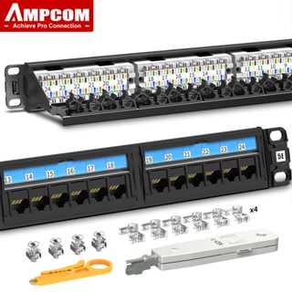 Ampcom แผ่นแพทช์แผง CAT5E CAT6 1U 2U 24 พอร์ต 48 พอร์ต ชุบทอง 50U สําหรับติดผนัง