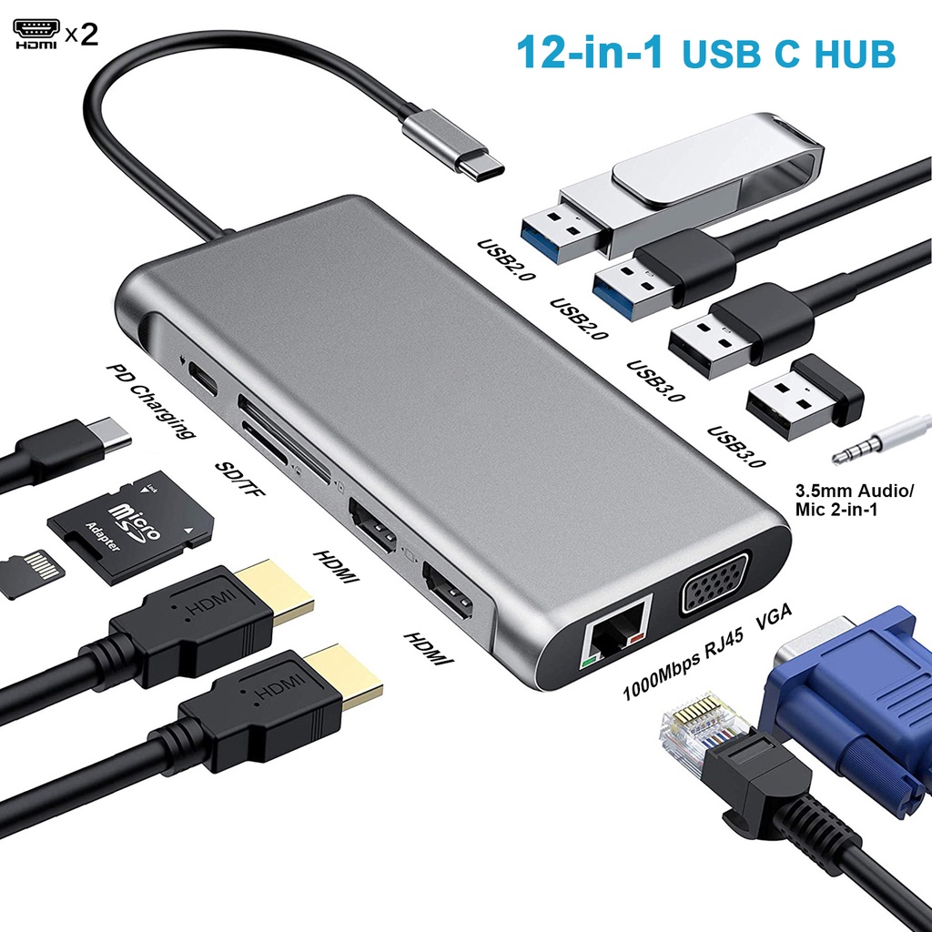 อะแดปเตอร์ฮับ-usb-type-c-เป็น-hdmi-2-4k-vga-rj45-lan-ethernet-sd-tf-pd-3-5-มม-12-in-1-สําหรับ-macbook-pro-otg