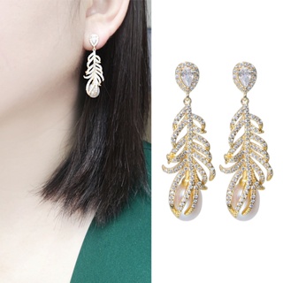 14K gold plated freshwater pearl earrings exaggerated feather earrings wholesale