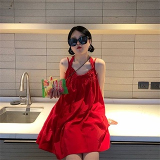 👗 สไตล์ฝรั่งเศสย้อนยุคชุดกระโปรงหญิงฤดูร้อนเอวสูงกระโปรงทรงเอชุดเจ้าหญิง red sleeveless dress