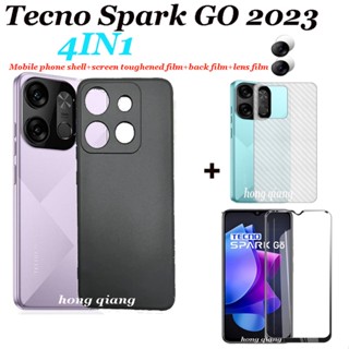 4in1 Tecno Spark GO 2023 เคสโทรศัพท์มือถือแบบนิ่ม สีดํา Tecno Pop 7 Pro Tecno Spark 8C Tecno Spark 6 GO เคสโทรศัพท์ + กระจกนิรภัย เต็มจอ + ฟิล์มเลนส์ + หน้ากากด้านหลัง