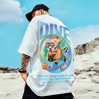 S-8XL National tide personality hip-hop oversize couple wear trend diving bear print short-sleeved T-shirt men and _03