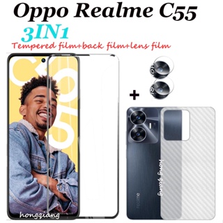 3in1 ฟิล์มกระจกนิรภัย ไร้กรอบ และฟิล์มเลนส์กล้อง และฟิล์มหลัง คาร์บอนไฟเบอร์ สําหรับ Realme C55 C53 C35 C30 C30S C33