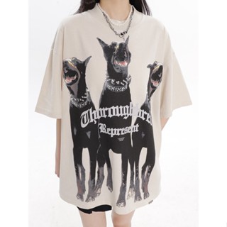 เสื้อยืดแขนสั้น ผ้าฝ้ายแท้ 100% พิมพ์ลาย Doberman pinscher ทรงหลวม สไตล์อเมริกัน เรโทร แฟชั่นฤดูร้อน สําหรับผู้หญิง