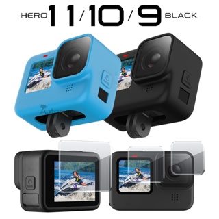 เคสซิลิโคน ป้องกัน สําหรับ GoPro Hero 11 10 9 สีดํา กระจกนิรภัย ป้องกันหน้าจอ ฟิล์มเลนส์ ฝาครอบ สําหรับ GoPro 11 10 9 อุปกรณ์เสริม