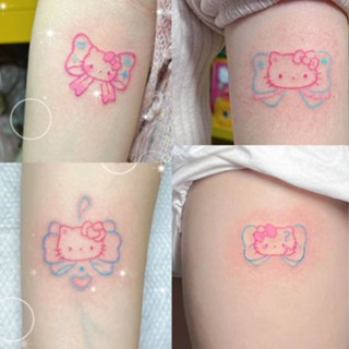 สติกเกอร์รอยสัก กันน้ํา ลายการ์ตูนคิตตี้ แมว โบว์ สีรุ้ง สําหรับติดตกแต่ง