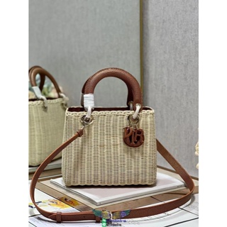 24cm D.ior willow-woven basket Diana handbag ultralight shopper tote with lizard-wrapped handle