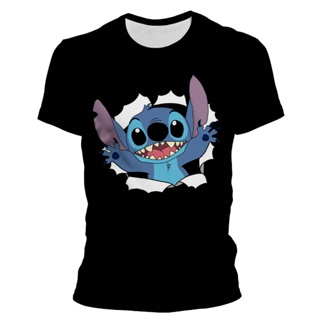 2022 เสื้อยืดคอกลมแขนสั้นพิมพ์ลายการ์ตูน Disney Lilo &amp; Stitch 3 มิติฤดูร้อนสําหรับผู้ชาย