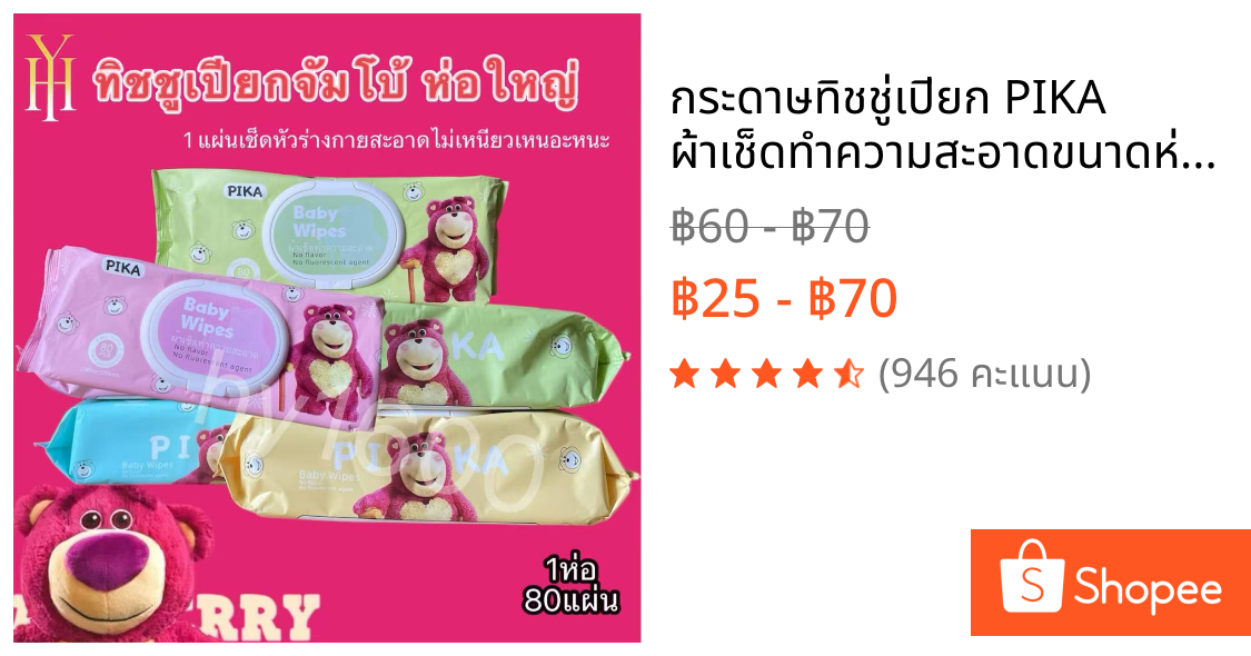กระดาษทิชชู่เปียก PIKA ผ้าเช็ดทำความสะอาดขนาดห่อใหญ่ผ้าเปียกแผ่นใหญ่ (ขนาด 250 x 200 mm ) 1ห่อ 80แผ่น