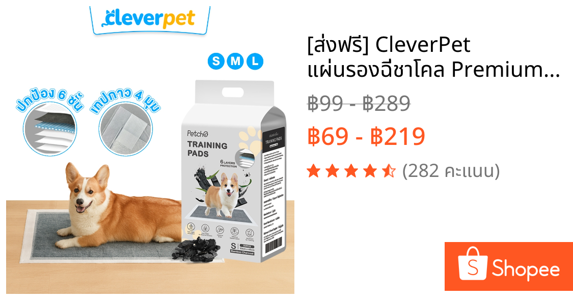 [ส่งฟรี🇹🇭] CleverPet แผ่นรองฉี่ชาโคล Premium แผ่นรองฉี่สุนัข ซึมดี เก็บกลิ่น การดูดซับน้ำ 6ชั้น