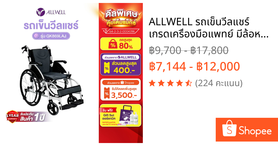 ALLWELL รถเข็นวีลแชร์ เกรดเครื่องมือแพทย์ มีล้อหลังกันหงาย ที่พักแขนปรับได้ รับประกัน 1ปี Wheelchair