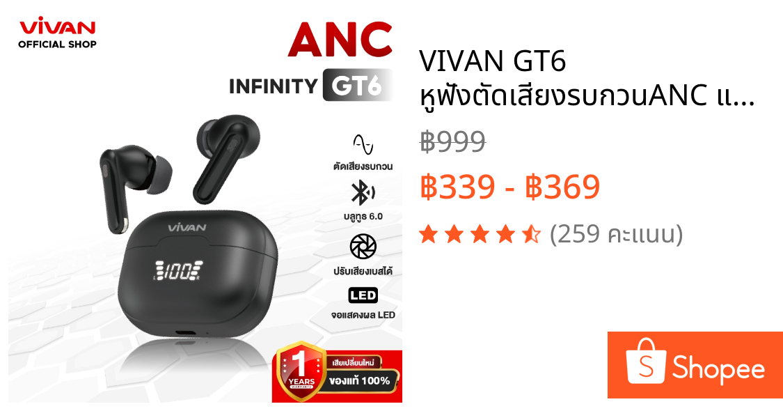 VIVAN GT6 หูฟังตัดเสียงรบกวนANC แบตโคตรอึด เล่นเกมไม่ดีเลย์ ชิปบลูทูธ 6.0 โหลดแอฟ Wook Audio