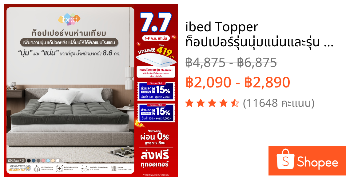 ibed Topper ท็อปเปอร์รุ่นนุ่มแน่นและรุ่น Extra ทอปเปอร์กันไรฝุ่น หนานุ่ม 3.5ฟุต/5ฟุต/6ฟุต (ลายตาราง)
