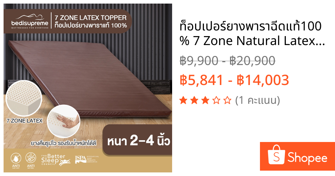ท็อปเปอร์ยางพาราฉีดแท้100% 7 Zone Natural Latex Topper หนา 2-4 นิ้ว หุ้มหนังPVC ขนาด 3.5 ฟุต - 6 ฟุต