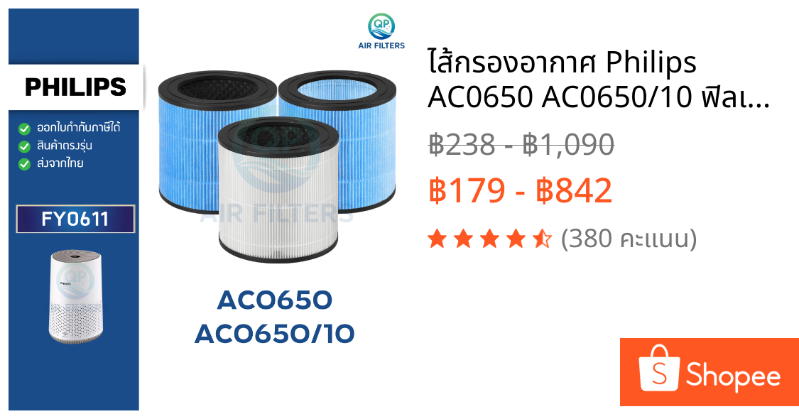 ไส้กรองอากาศ Philips AC0650 AC0650/10 ฟิลเตอร์กรอง รุ่น FY0611 ฟิลิปส์ Air Purifier Series 600i