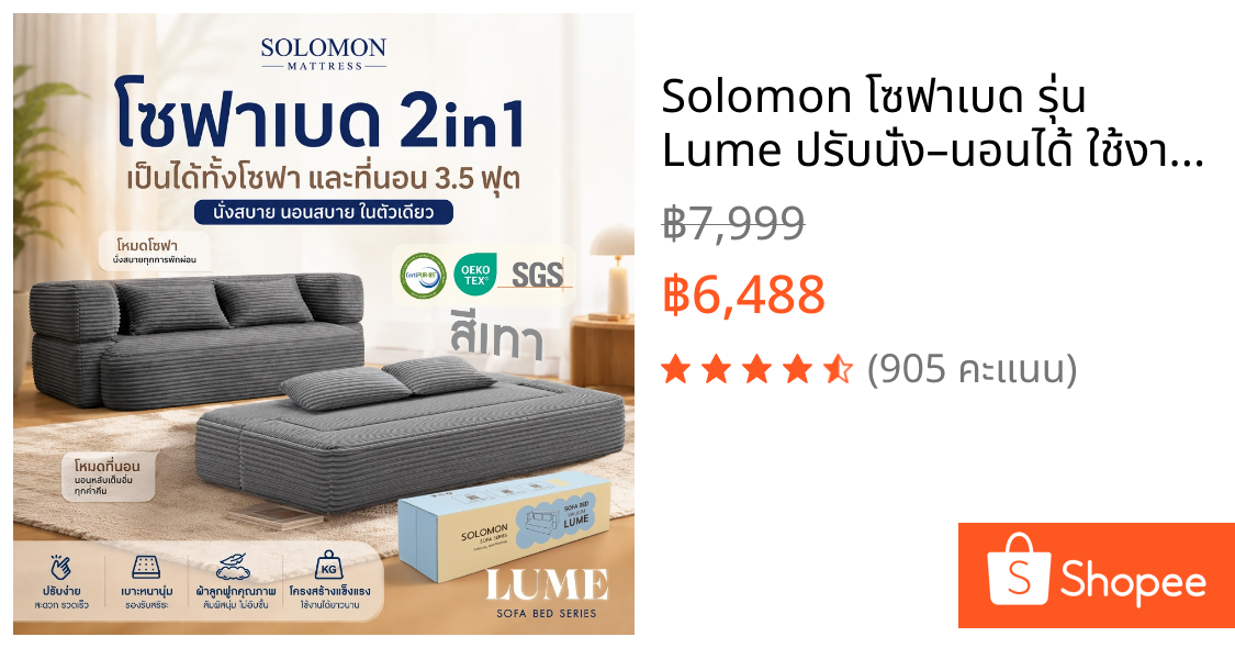 Solomon โซฟาเบด รุ่น Lume ปรับนั่ง–นอนได้ ใช้งานง่าย ประหยัดพื้นที่ สไตล์โมเดิร์น สีเทา