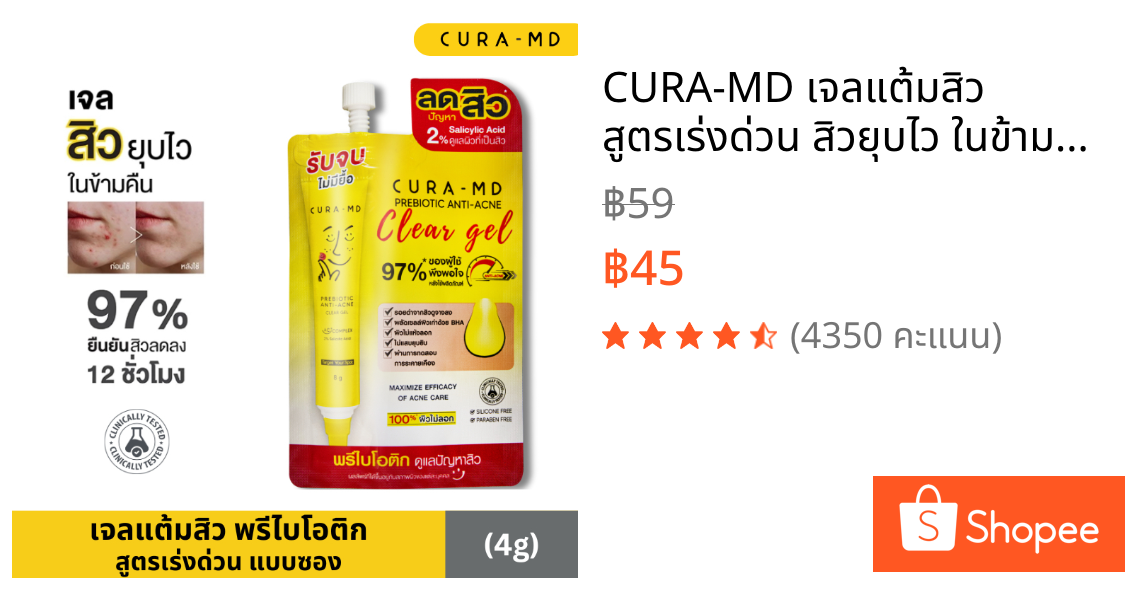 CURA-MD เจลแต้มสิว สูตรเร่งด่วน สิวยุบไว ในข้ามคืน Prebiotic Anti-Acne Clear Gel 4 กรัม