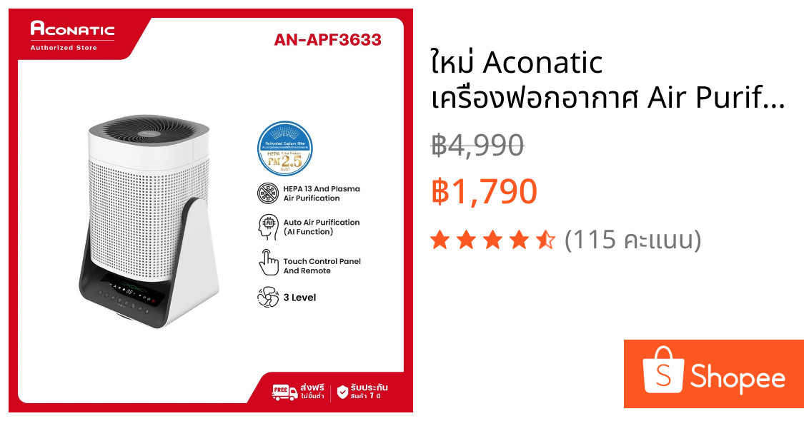 ใหม่ Aconatic เครื่องฟอกอากาศ Air Purifier รุ่น AN-APF3633 ฟิลเตอร์ HEPA 13 CADR 160m³/h Child Lock