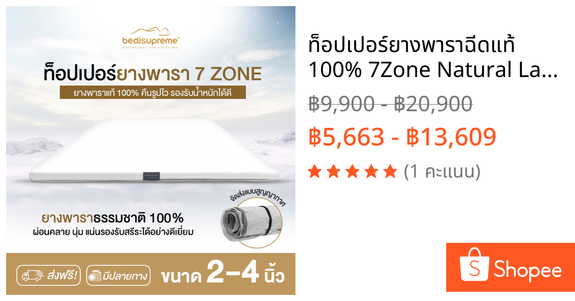 ท็อปเปอร์ยางพาราฉีดแท้ 100% 7Zone Natural Latex หนา 2-4 นิ้ว หุ้มผ้าCotton Soft ขนาด 3.5ฟุต-6 ฟุต
