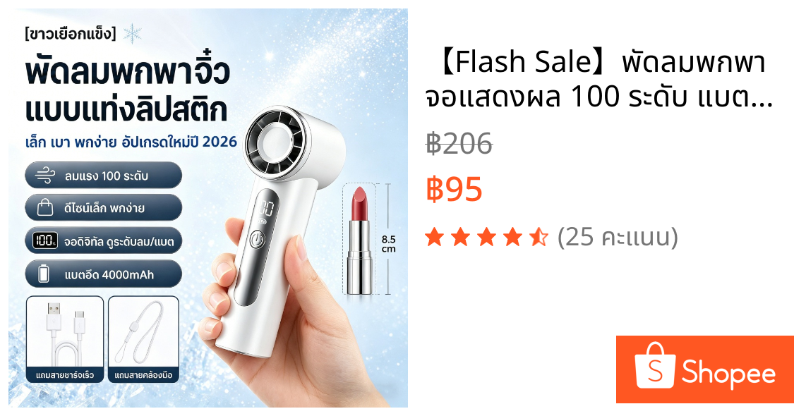 【Flash Sale】พัดลมพกพา จอแสดงผล 100 ระดับ แบตใหญ่ 4000mAh ทำงานเงียบ ชาร์จ USB เหมาะสำหรับช้อปปิ้งและออฟฟิศ