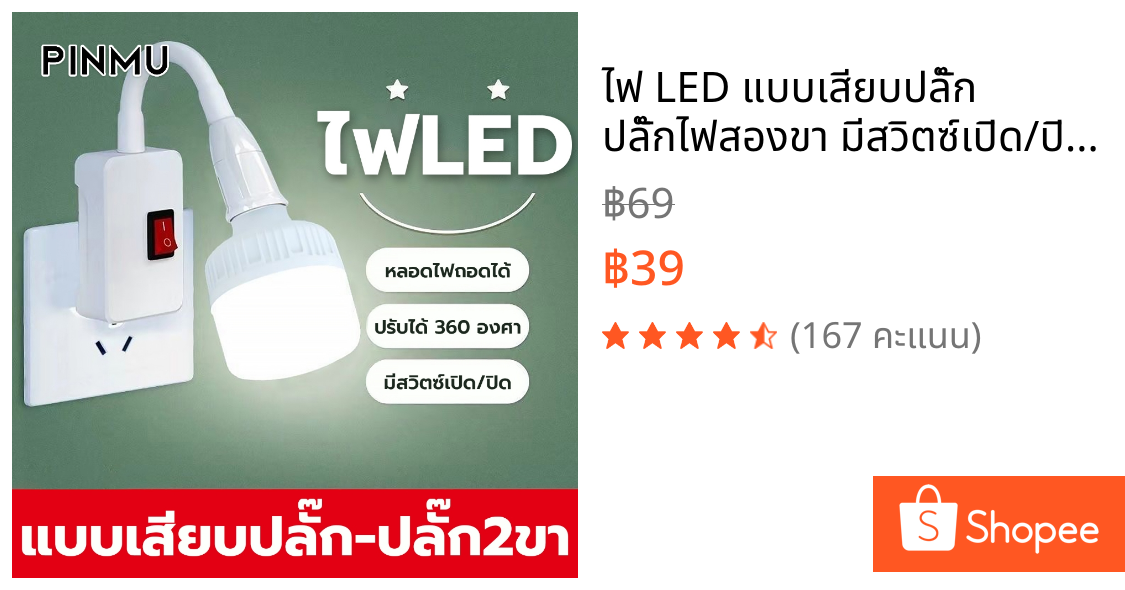 ไฟ LED แบบเสียบปลั๊ก ปลั๊กไฟสองขา มีสวิตซ์เปิด/ปิด แสงไฟสีขาว